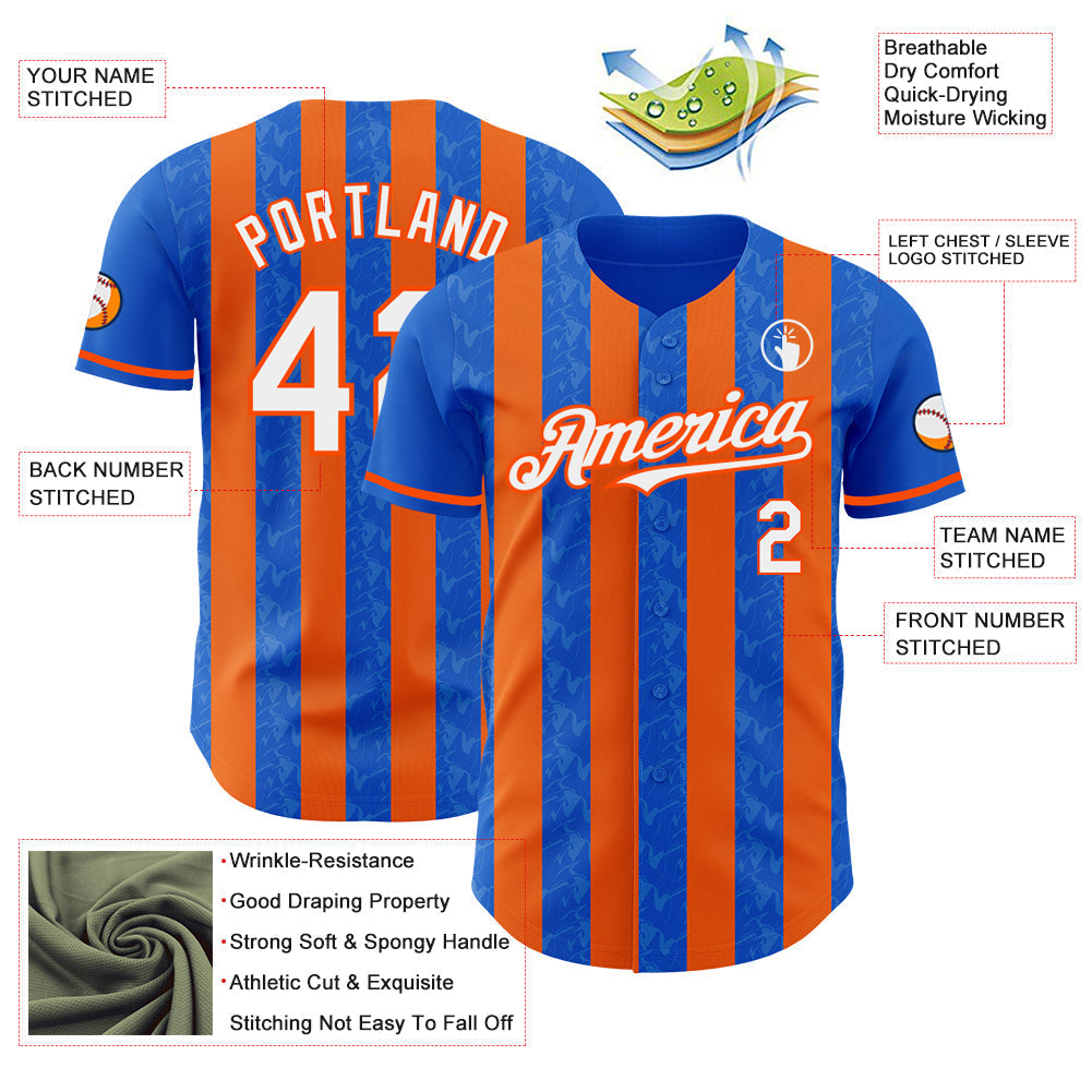 Custom Thunder Blue White-Orange Classic Vertical Stripe Fluid Liquid Texture Authentic Baseball Jersey baseball jersey product view 3