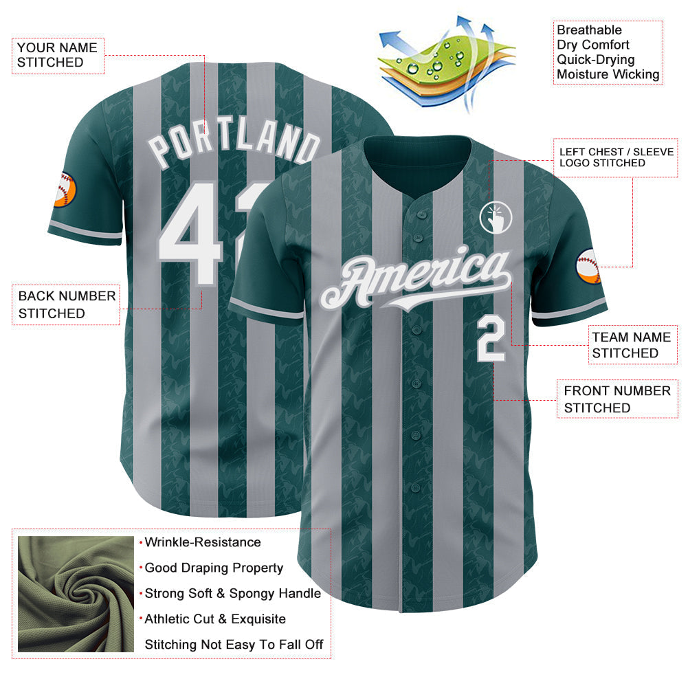 Custom Midnight Green White-Gray Classic Vertical Stripe Fluid Liquid Texture Authentic Baseball Jersey baseball jersey product view 3