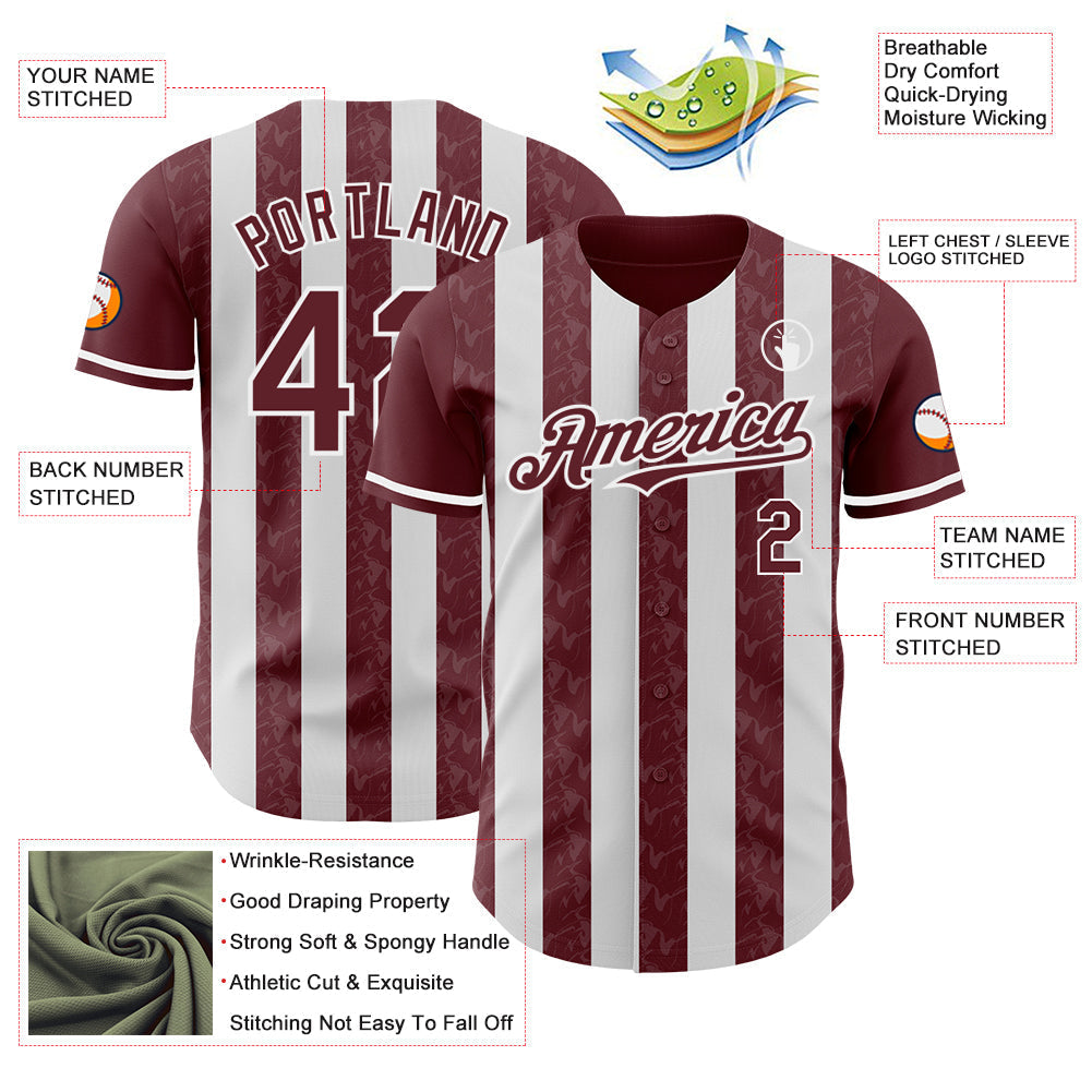 Custom Burgundy-White Classic Vertical Stripe Fluid Liquid Texture Authentic Baseball Jersey baseball jersey product view 3