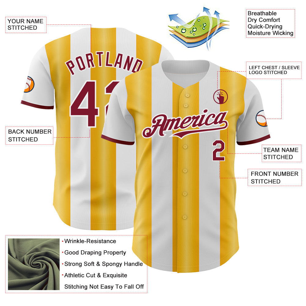 Custom White Crimson-Gold Gradient Vertical Stripe Argentina Style Authentic Baseball Jersey baseball jersey product view 3