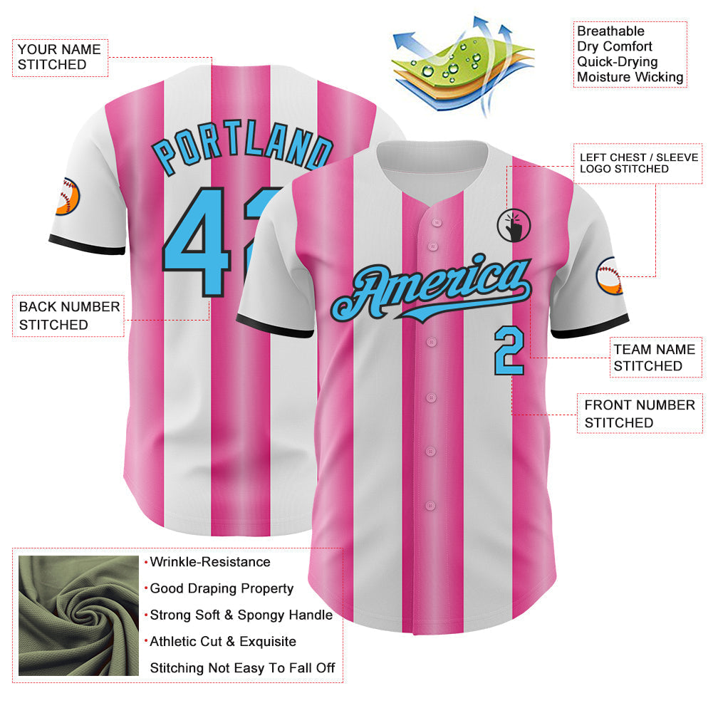 Custom White Sky Blue Pink-Black Gradient Vertical Stripe Argentina Style Authentic Baseball Jersey baseball jersey product view 3