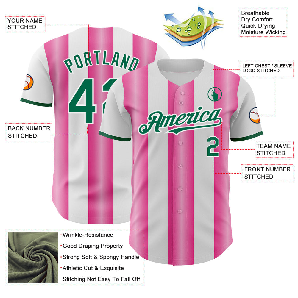 Custom White Kelly Green-Pink Gradient Vertical Stripe Argentina Style Authentic Baseball Jersey baseball jersey product view 3