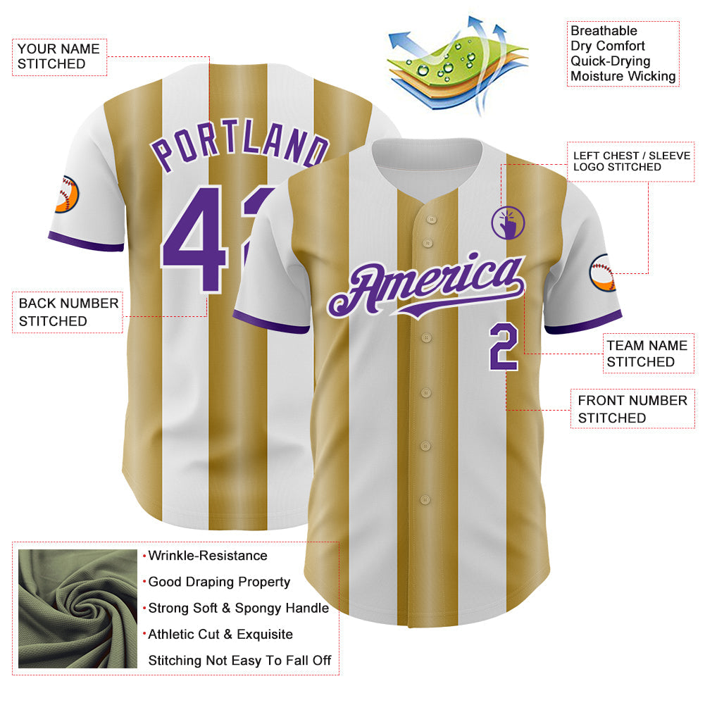 Custom White Purple-Old Gold Gradient Vertical Stripe Argentina Style Authentic Baseball Jersey baseball jersey product view 3