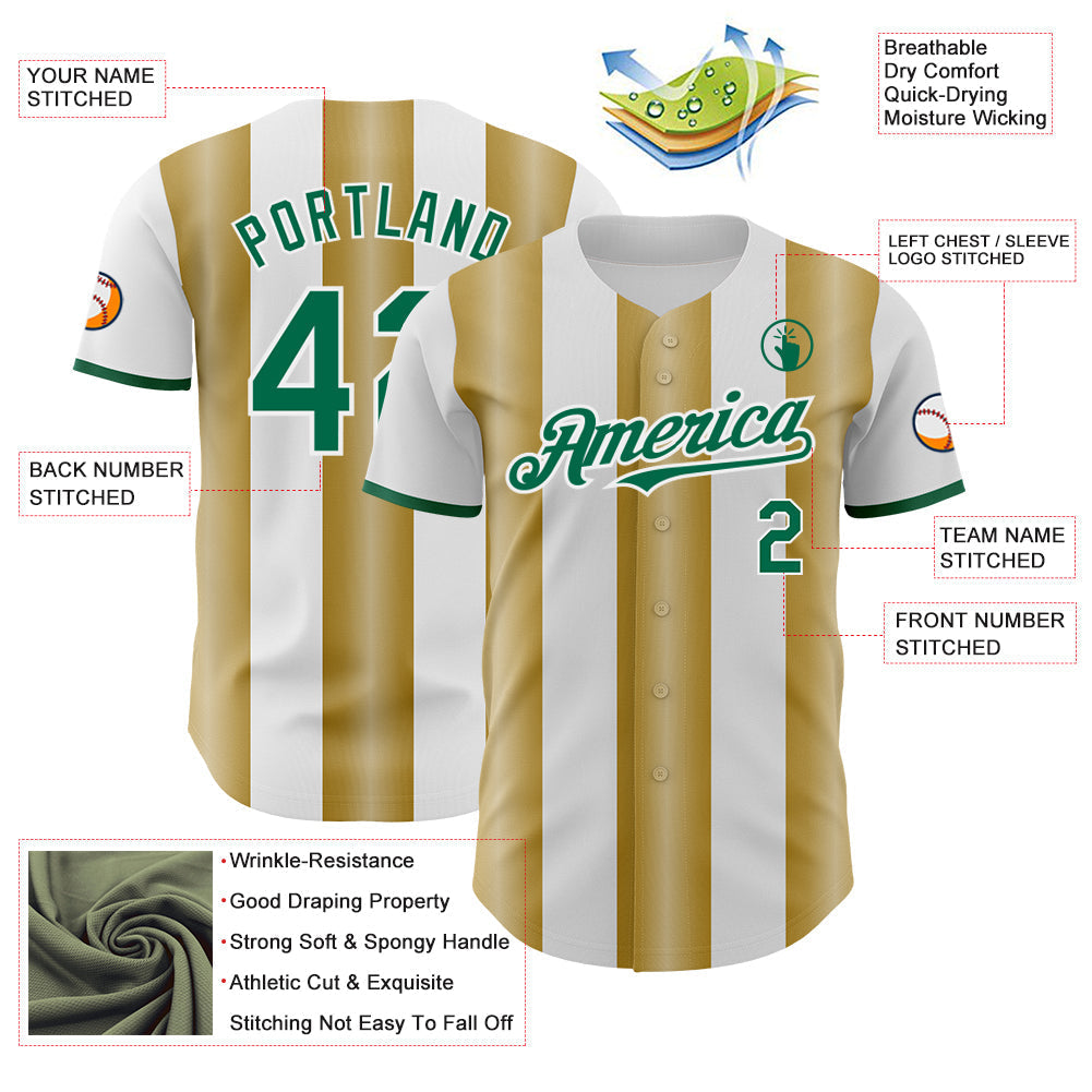 Custom White Kelly Green-Old Gold Gradient Vertical Stripe Argentina Style Authentic Baseball Jersey baseball jersey product view 3