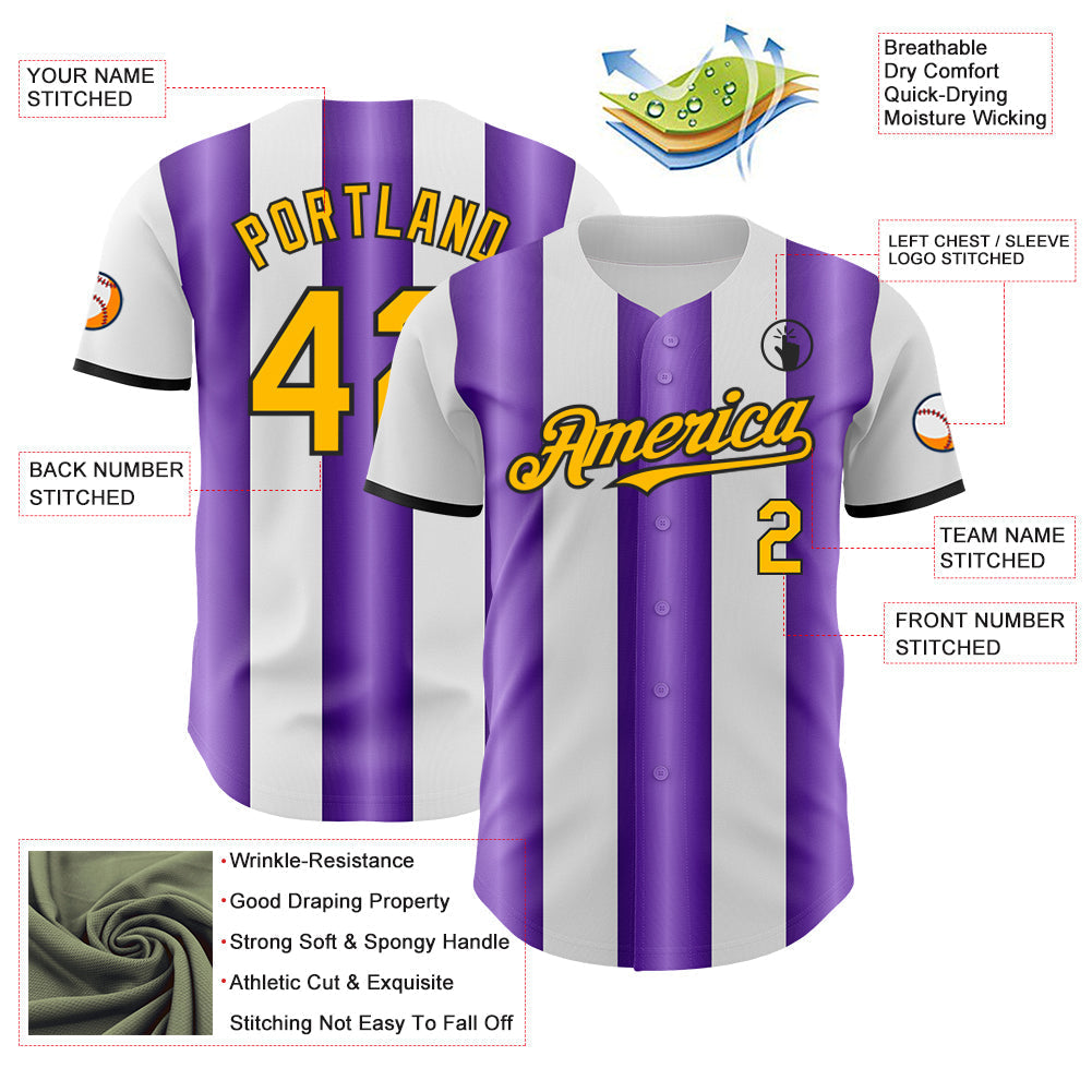 Custom White Gold Purple-Black Gradient Vertical Stripe Argentina Style Authentic Baseball Jersey baseball jersey product view 3