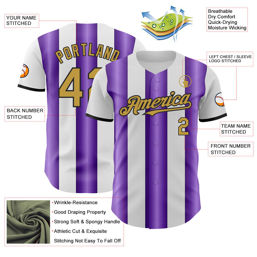 Custom White Old Gold Purple-Black Gradient Vertical Stripe Argentina Style Authentic Baseball Jersey baseball jersey product view 3