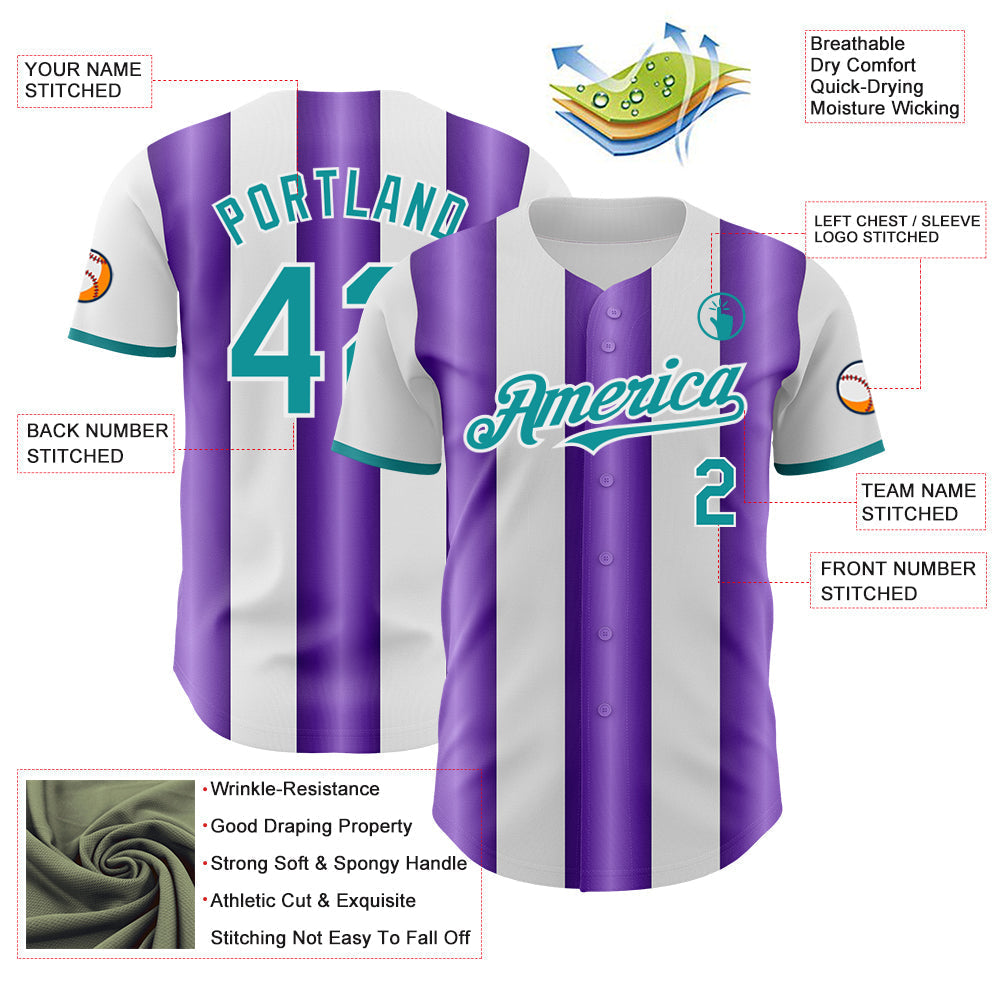 Custom White Teal-Purple Gradient Vertical Stripe Argentina Style Authentic Baseball Jersey baseball jersey product view 3