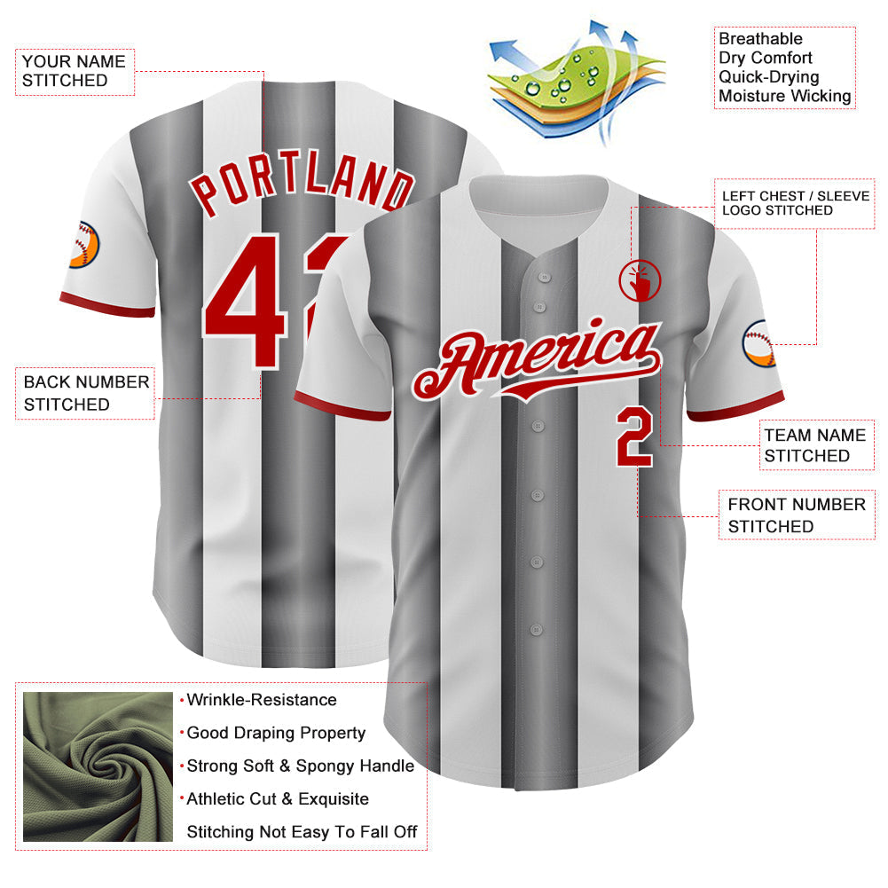 Custom White Red-Steel Gray Gradient Vertical Stripe Argentina Style Authentic Baseball Jersey baseball jersey product view 3