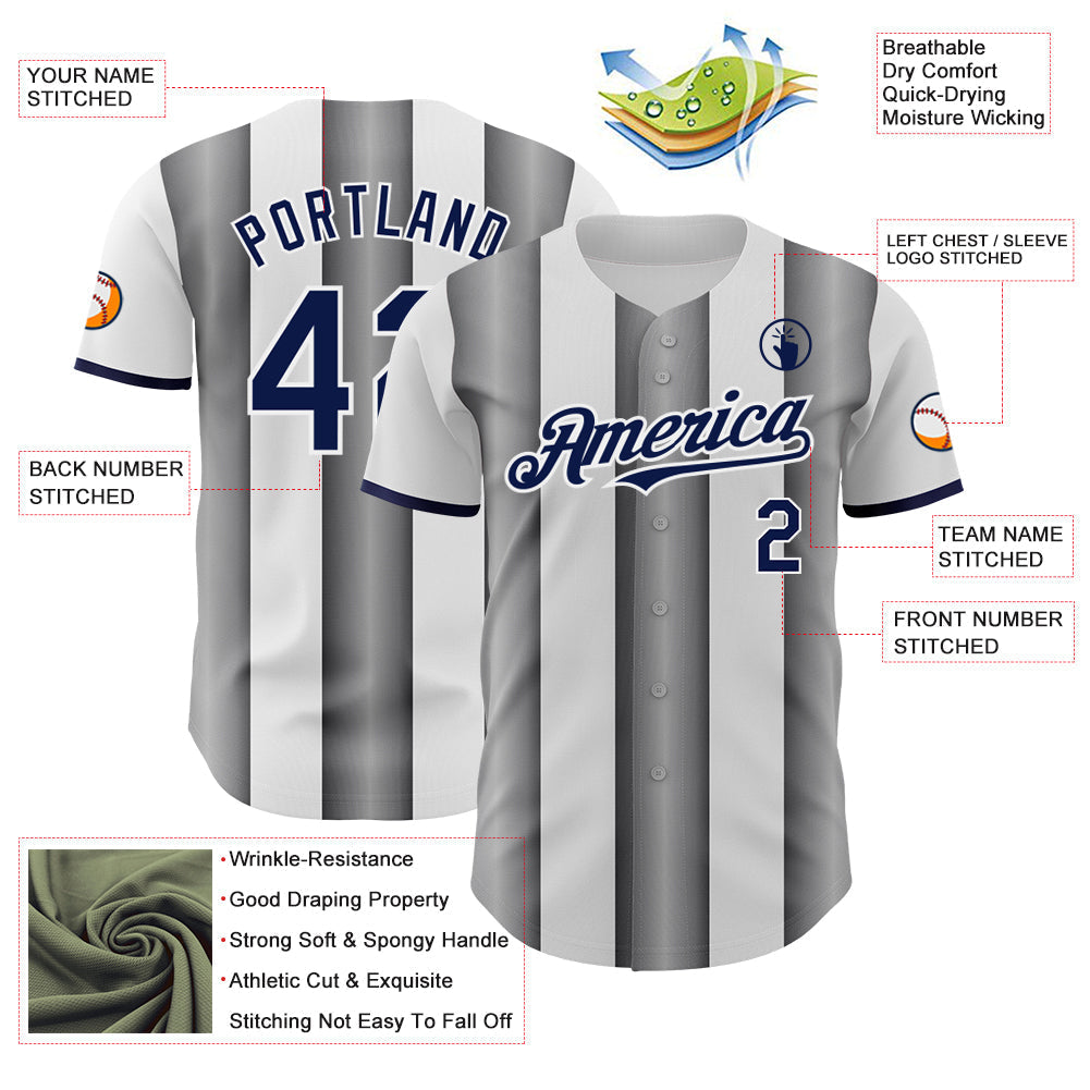 Custom White Navy-Steel Gray Gradient Vertical Stripe Argentina Style Authentic Baseball Jersey baseball jersey product view 3