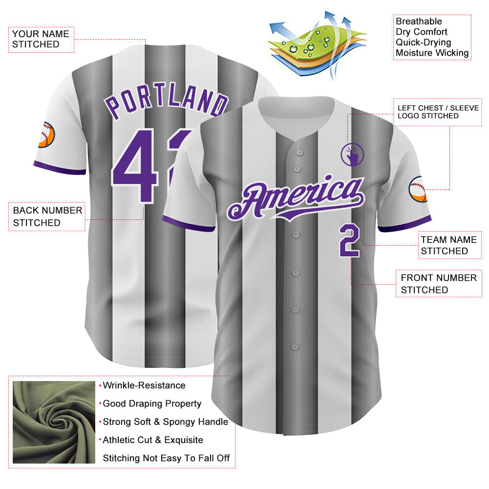 Custom White Purple-Steel Gray Gradient Vertical Stripe Argentina Style Authentic Baseball Jersey baseball jersey product view 3