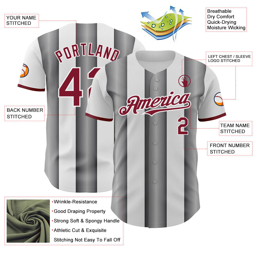 Custom White Crimson-Steel Gray Gradient Vertical Stripe Argentina Style Authentic Baseball Jersey baseball jersey product view 3