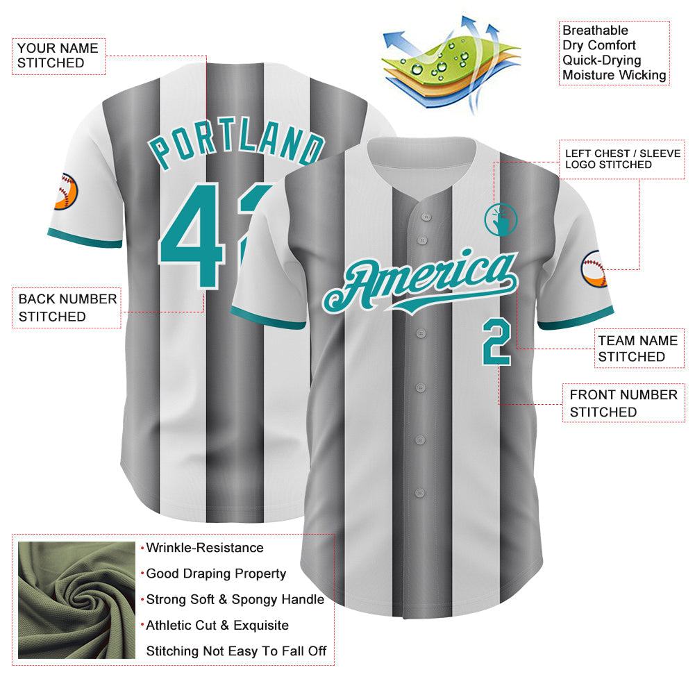 Custom White Teal-Steel Gray Gradient Vertical Stripe Argentina Style Authentic Baseball Jersey baseball jersey product view 3