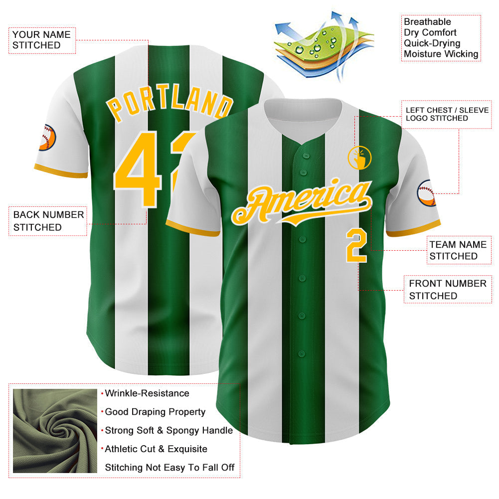Custom White Gold-Green Gradient Vertical Stripe Argentina Style Authentic Baseball Jersey baseball jersey product view 3