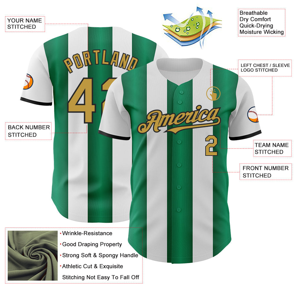 Custom White Old Gold Kelly Green-Black Gradient Vertical Stripe Argentina Style Authentic Baseball Jersey baseball jersey product view 3
