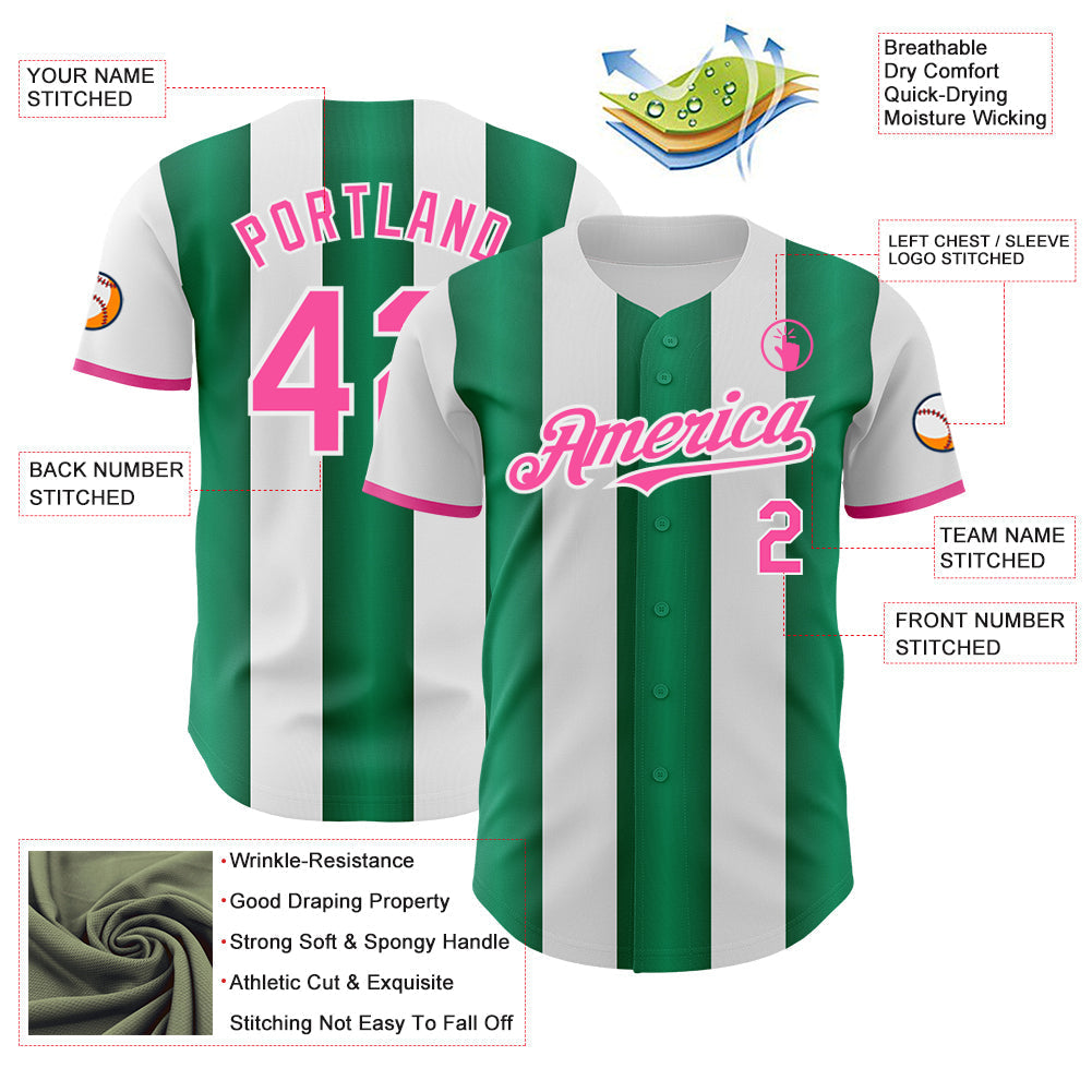 Custom White Pink-Kelly Green Gradient Vertical Stripe Argentina Style Authentic Baseball Jersey baseball jersey product view 3