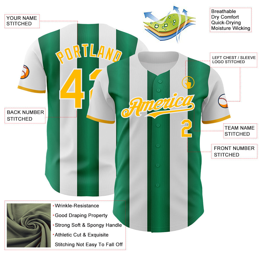 Custom White Gold-Kelly Green Gradient Vertical Stripe Argentina Style Authentic Baseball Jersey baseball jersey product view 3