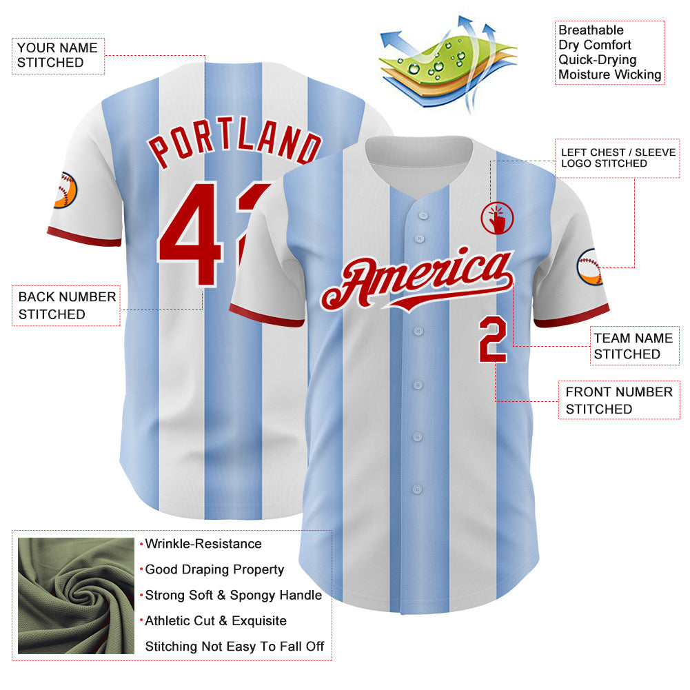 Custom White Red-Light Blue Gradient Vertical Stripe Argentina Style Authentic Baseball Jersey baseball jersey product view 3