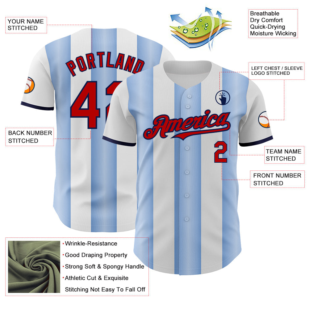Custom White Red Light Blue-Navy Gradient Vertical Stripe Argentina Style Authentic Baseball Jersey baseball jersey product view 3