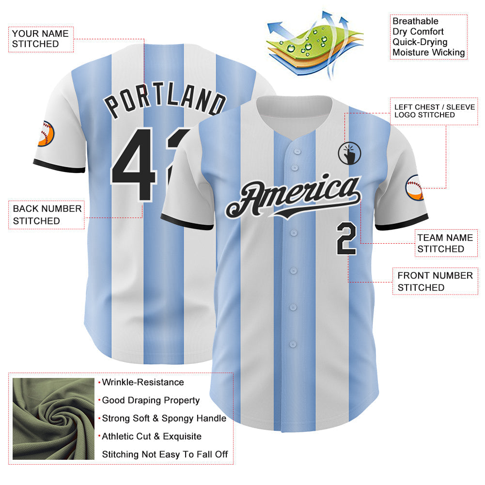 Custom White Black-Light Blue Gradient Vertical Stripe Argentina Style Authentic Baseball Jersey baseball jersey product view 3