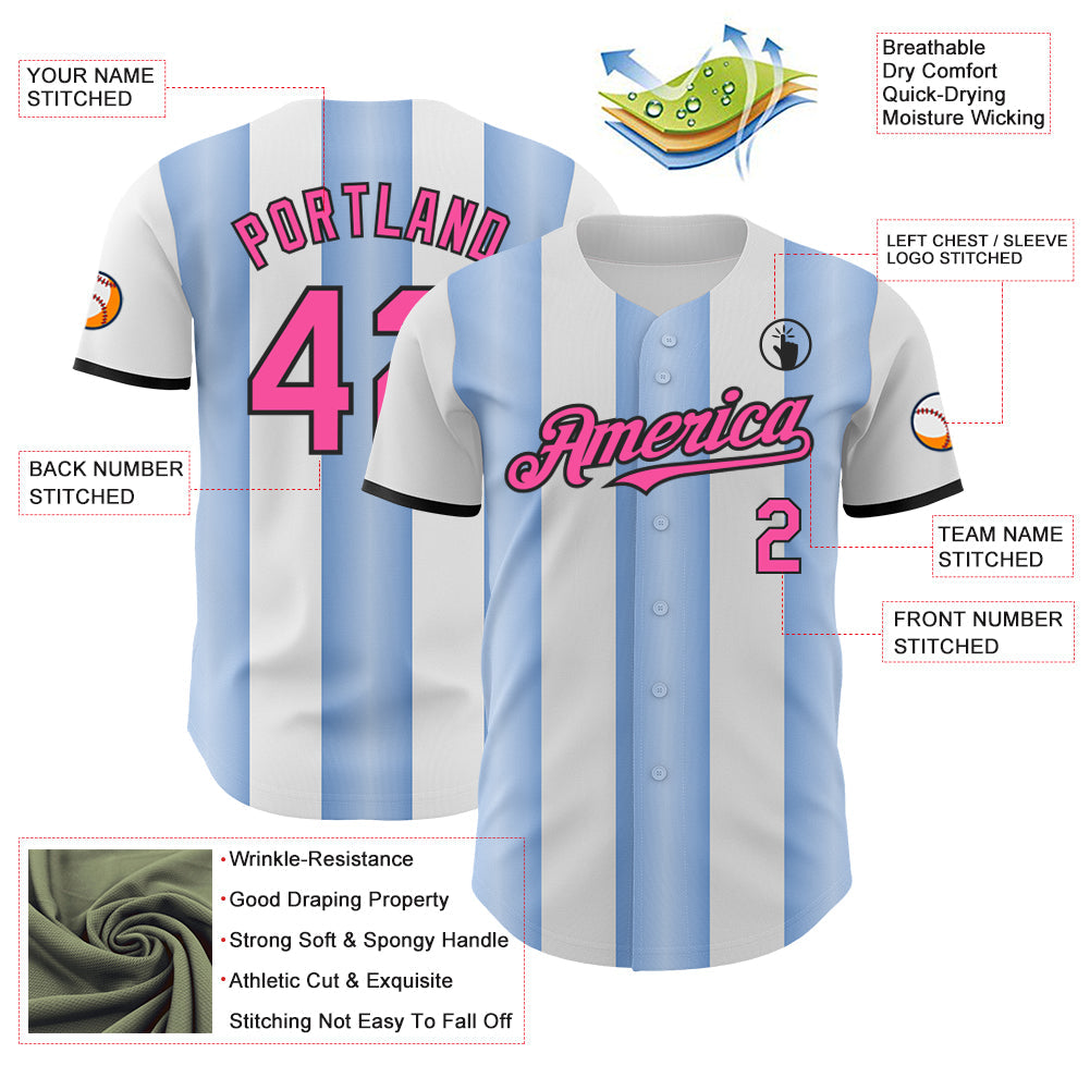 Custom White Pink Light Blue-Black Gradient Vertical Stripe Argentina Style Authentic Baseball Jersey baseball jersey product view 3