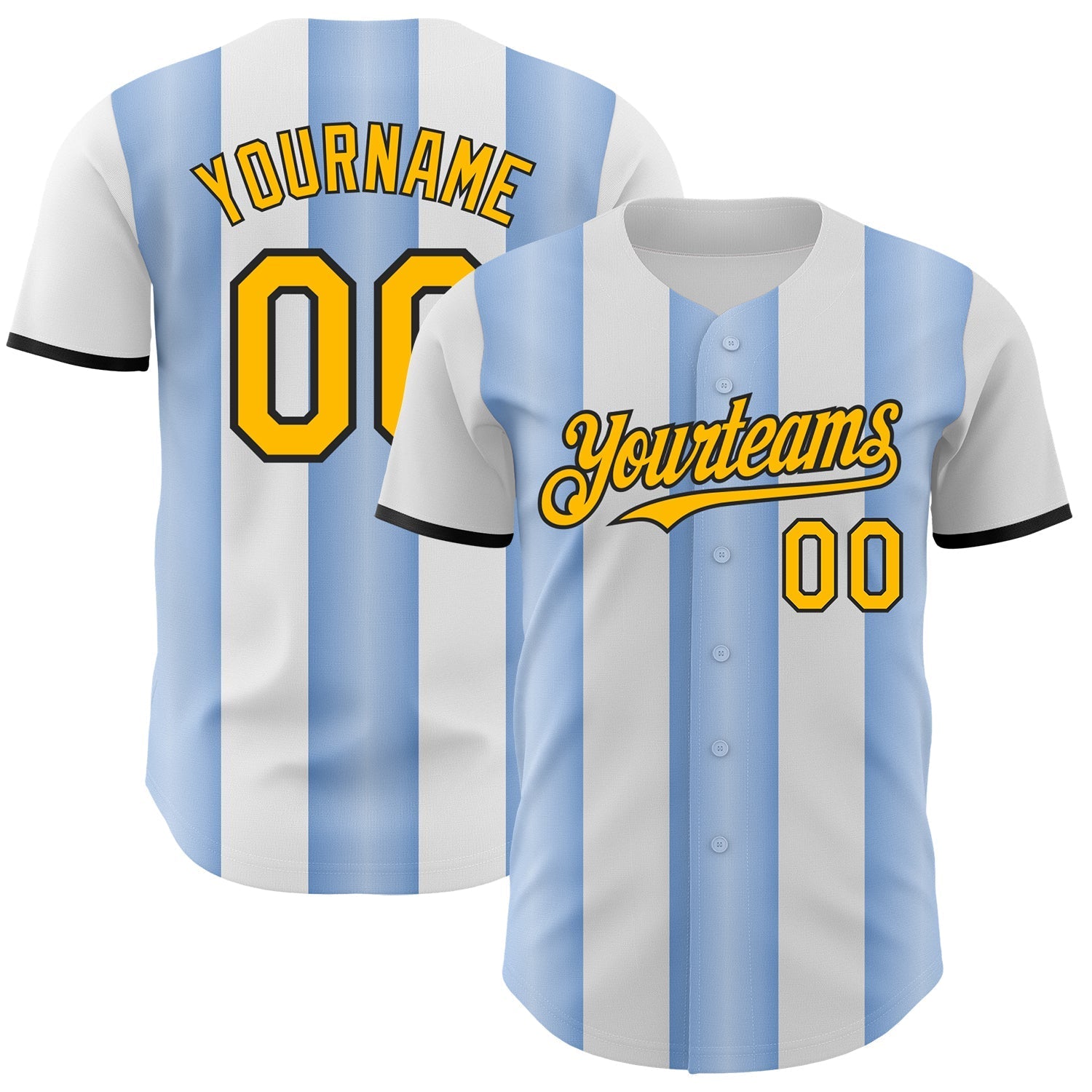 Custom White Gold Light Blue-Black Gradient Vertical Stripe Argentina Style Authentic Baseball Jersey baseball jersey product view 1