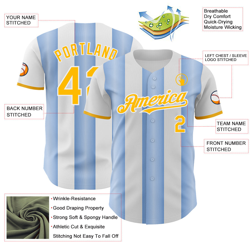 Custom White Gold-Light Blue Gradient Vertical Stripe Argentina Style Authentic Baseball Jersey baseball jersey product view 3