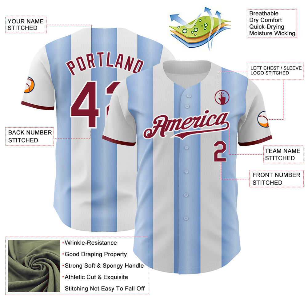 Custom White Crimson-Light Blue Gradient Vertical Stripe Argentina Style Authentic Baseball Jersey baseball jersey product view 3