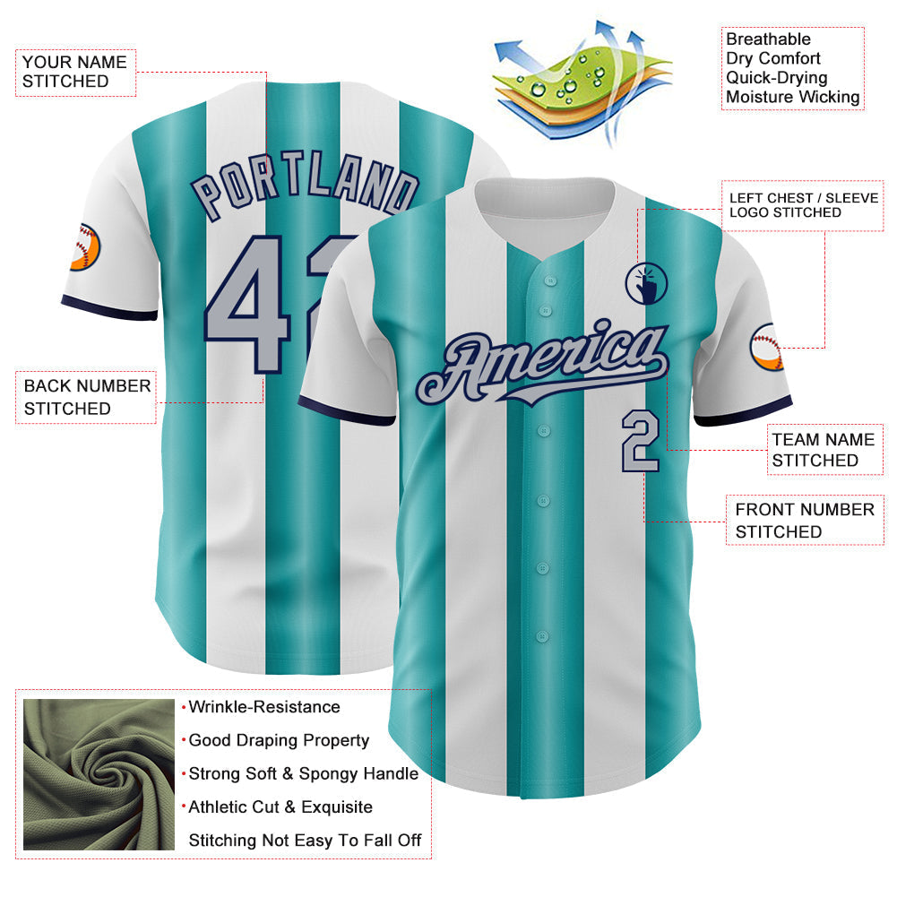 Custom White Gray Teal-Navy Gradient Vertical Stripe Argentina Style Authentic Baseball Jersey baseball jersey product view 3