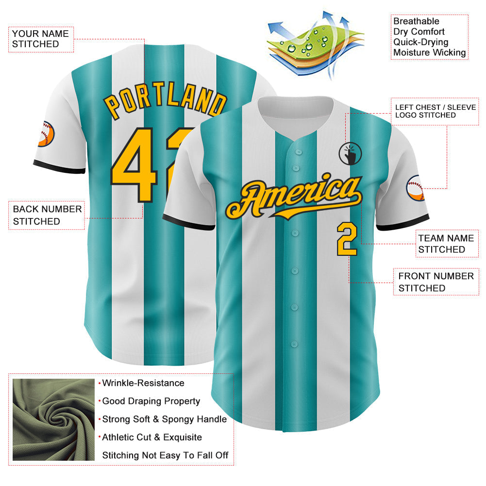 Custom White Gold Teal-Black Gradient Vertical Stripe Argentina Style Authentic Baseball Jersey baseball jersey product view 3