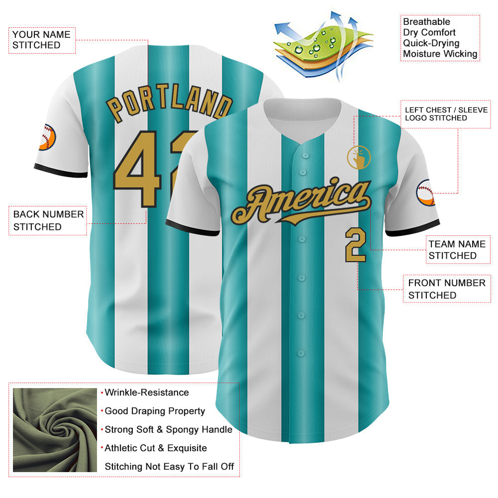 Custom White Old Gold Teal-Black Gradient Vertical Stripe Argentina Style Authentic Baseball Jersey baseball jersey product view 3