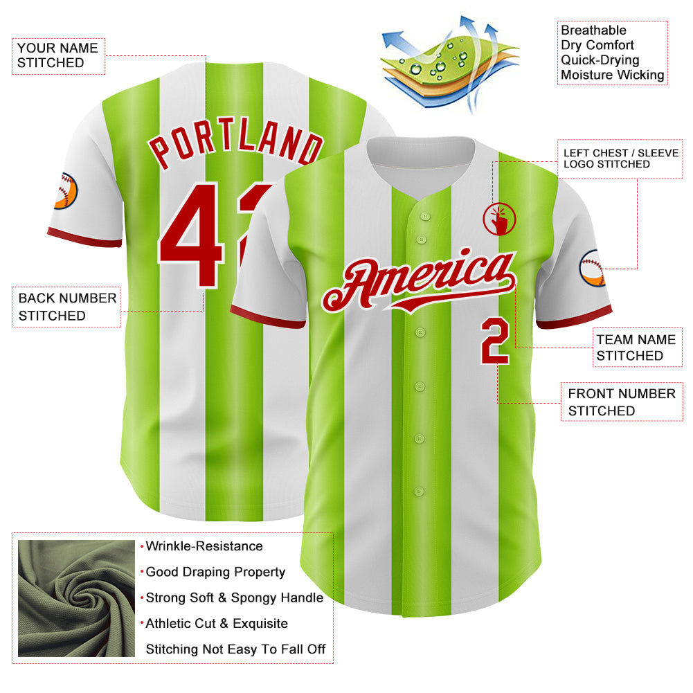 Custom White Red-Neon Green Gradient Vertical Stripe Argentina Style Authentic Baseball Jersey baseball jersey product view 3