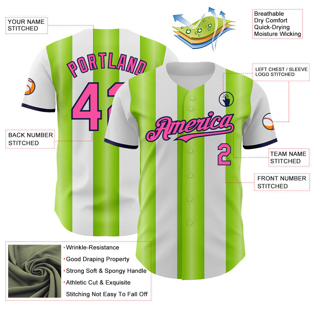 Custom White Pink Neon Green-Navy Gradient Vertical Stripe Argentina Style Authentic Baseball Jersey baseball jersey product view 3