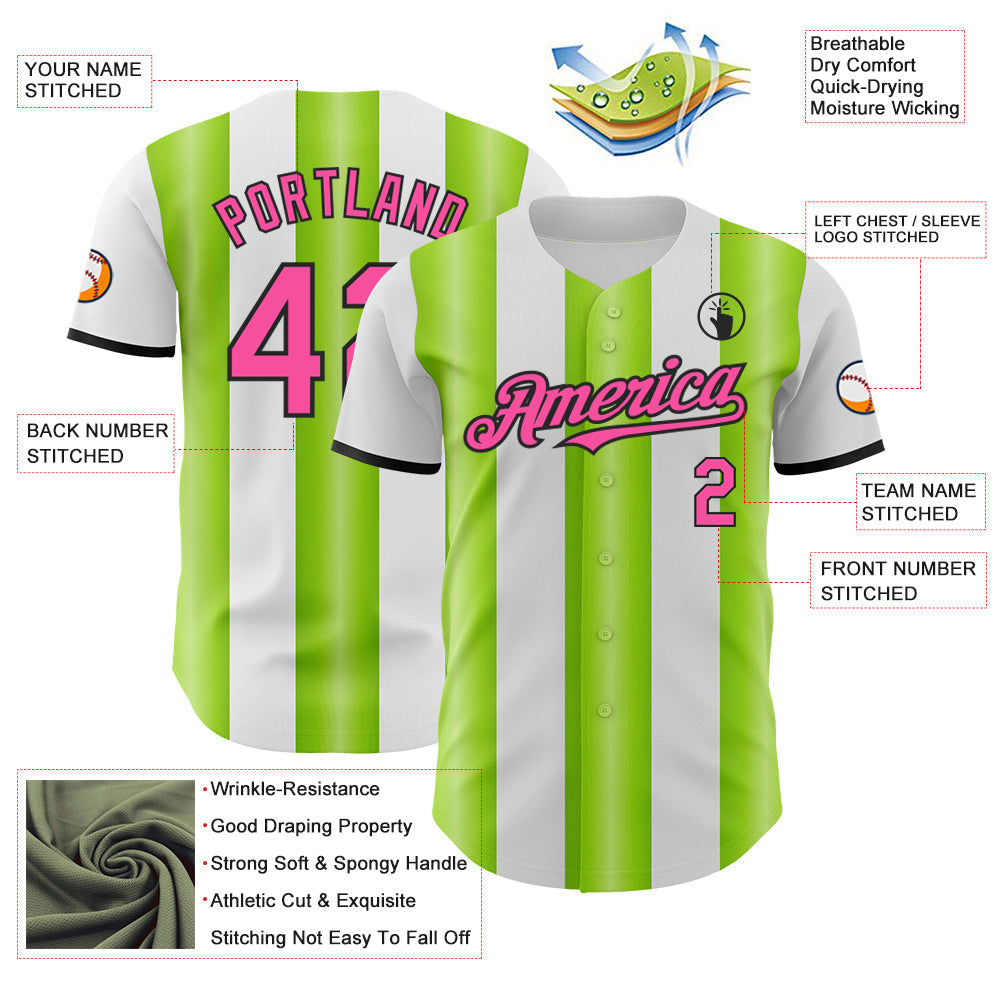 Custom White Pink Neon Green-Black Gradient Vertical Stripe Argentina Style Authentic Baseball Jersey baseball jersey product view 3