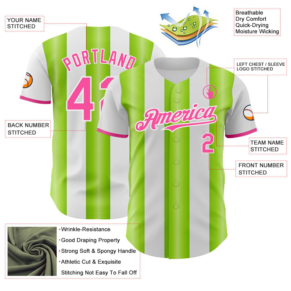 Custom White Pink-Neon Green Gradient Vertical Stripe Argentina Style Authentic Baseball Jersey baseball jersey product view 3