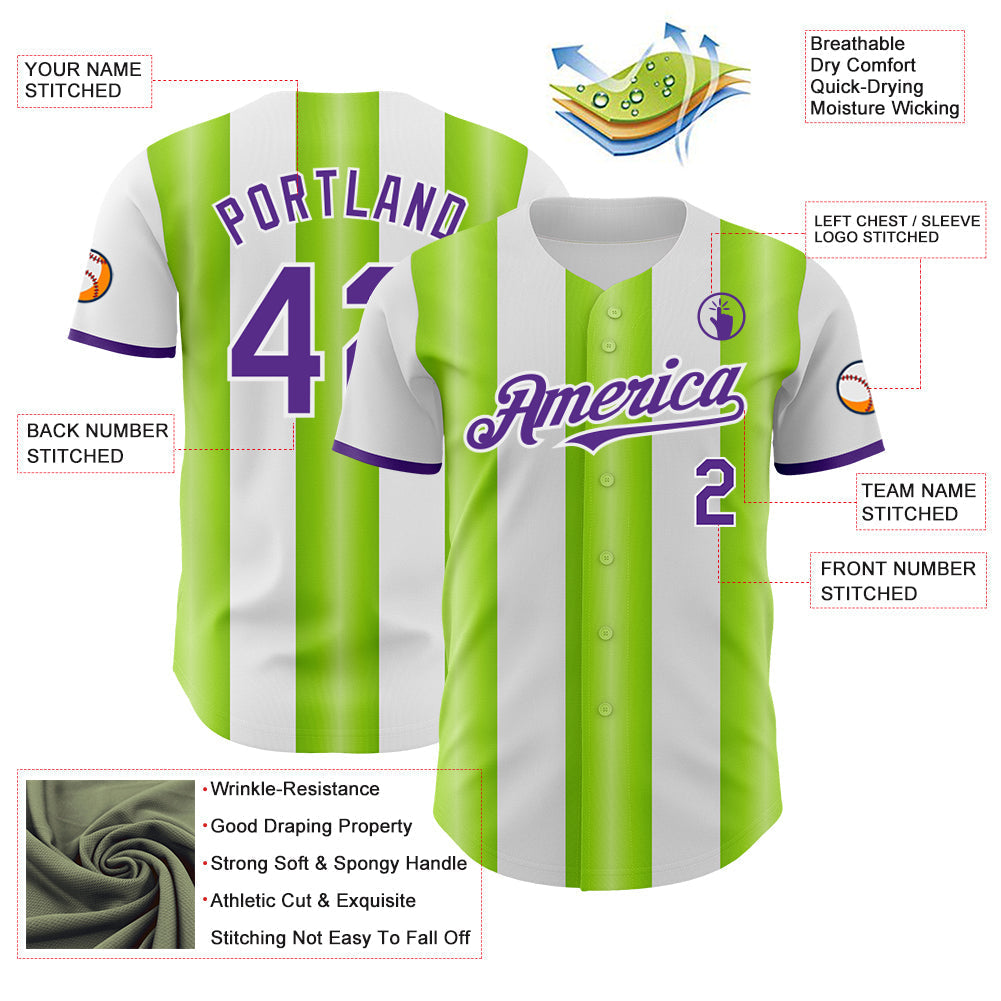 Custom White Purple-Neon Green Gradient Vertical Stripe Argentina Style Authentic Baseball Jersey baseball jersey product view 3