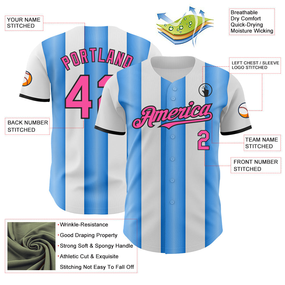 Custom White Pink Electric Blue-Black Gradient Vertical Stripe Argentina Style Authentic Baseball Jersey baseball jersey product view 3