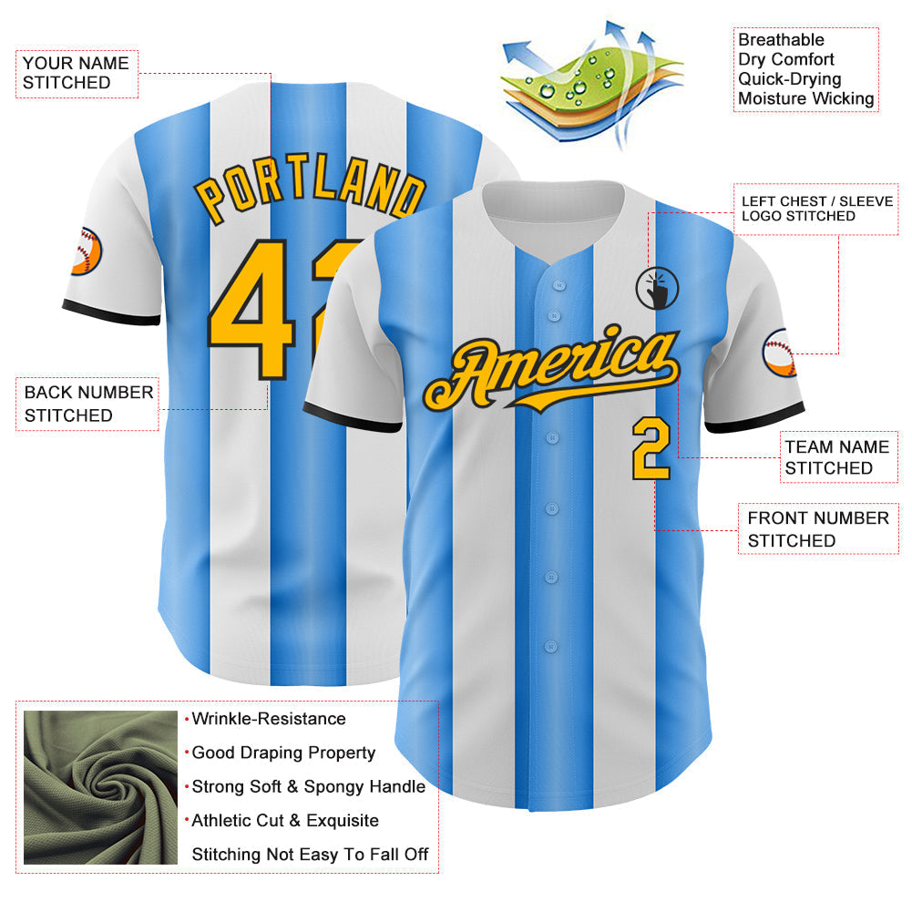 Custom White Gold Electric Blue-Black Gradient Vertical Stripe Argentina Style Authentic Baseball Jersey baseball jersey product view 3