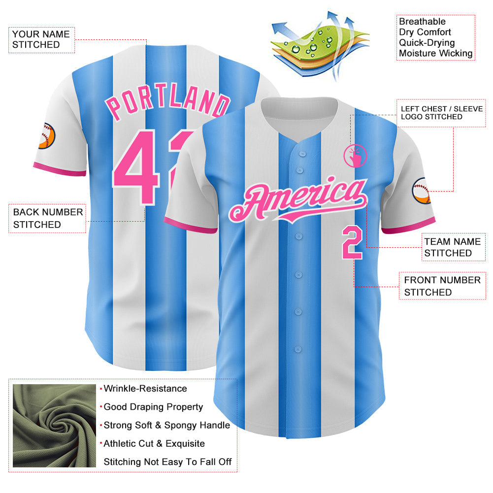 Custom White Pink-Electric Blue Gradient Vertical Stripe Argentina Style Authentic Baseball Jersey baseball jersey product view 3