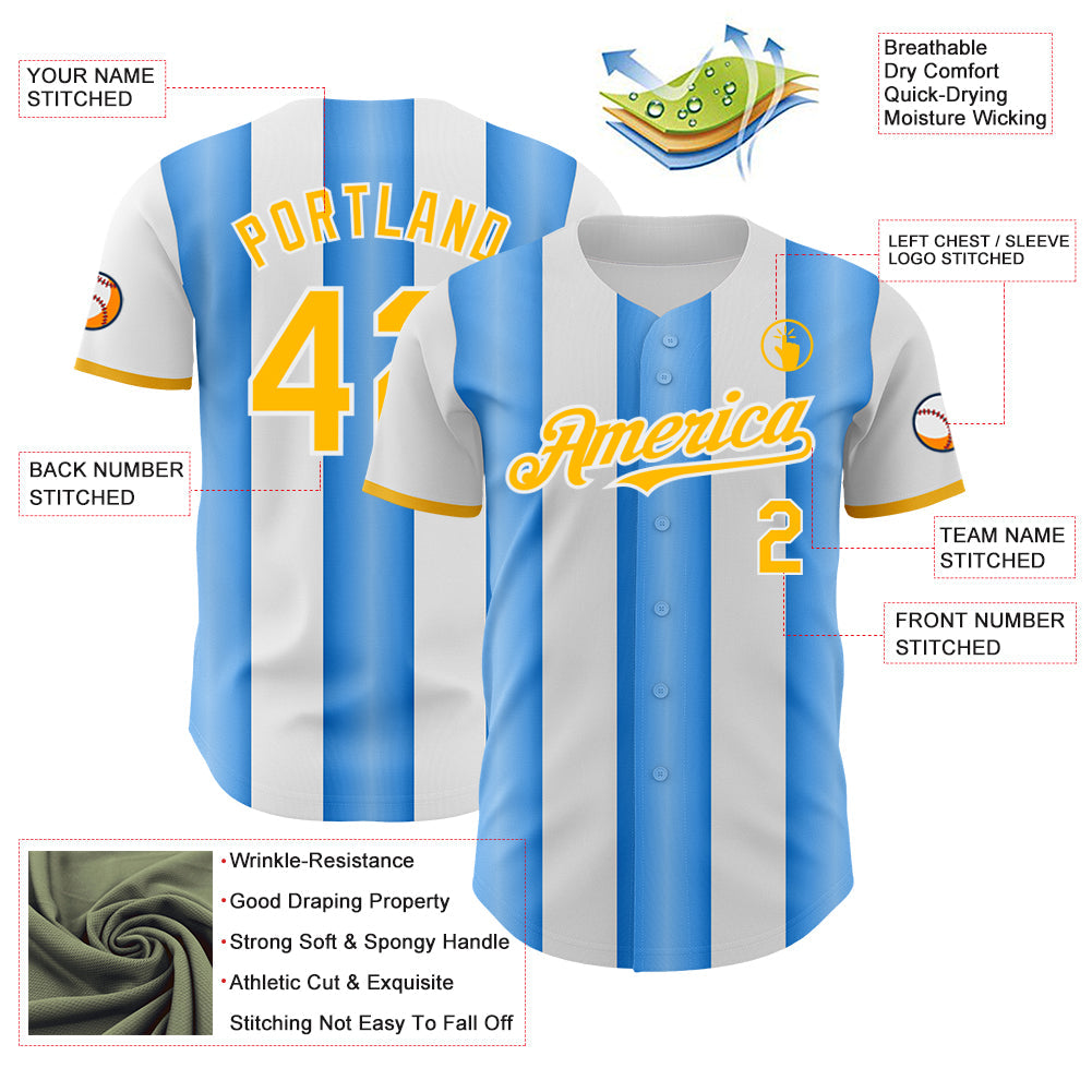 Custom White Gold-Electric Blue Gradient Vertical Stripe Argentina Style Authentic Baseball Jersey baseball jersey product view 3