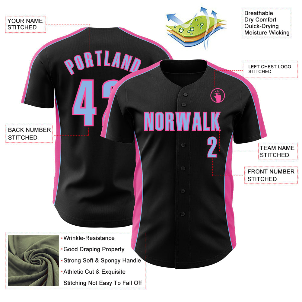 Custom Black Light Blue-Pink Classic Color Block Side Panel Stripe Authentic Baseball Jersey baseball jersey product view 3