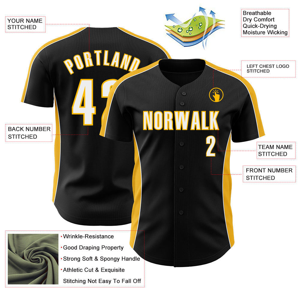 Custom Black White-Gold Classic Color Block Side Panel Stripe Authentic Baseball Jersey baseball jersey product view 3
