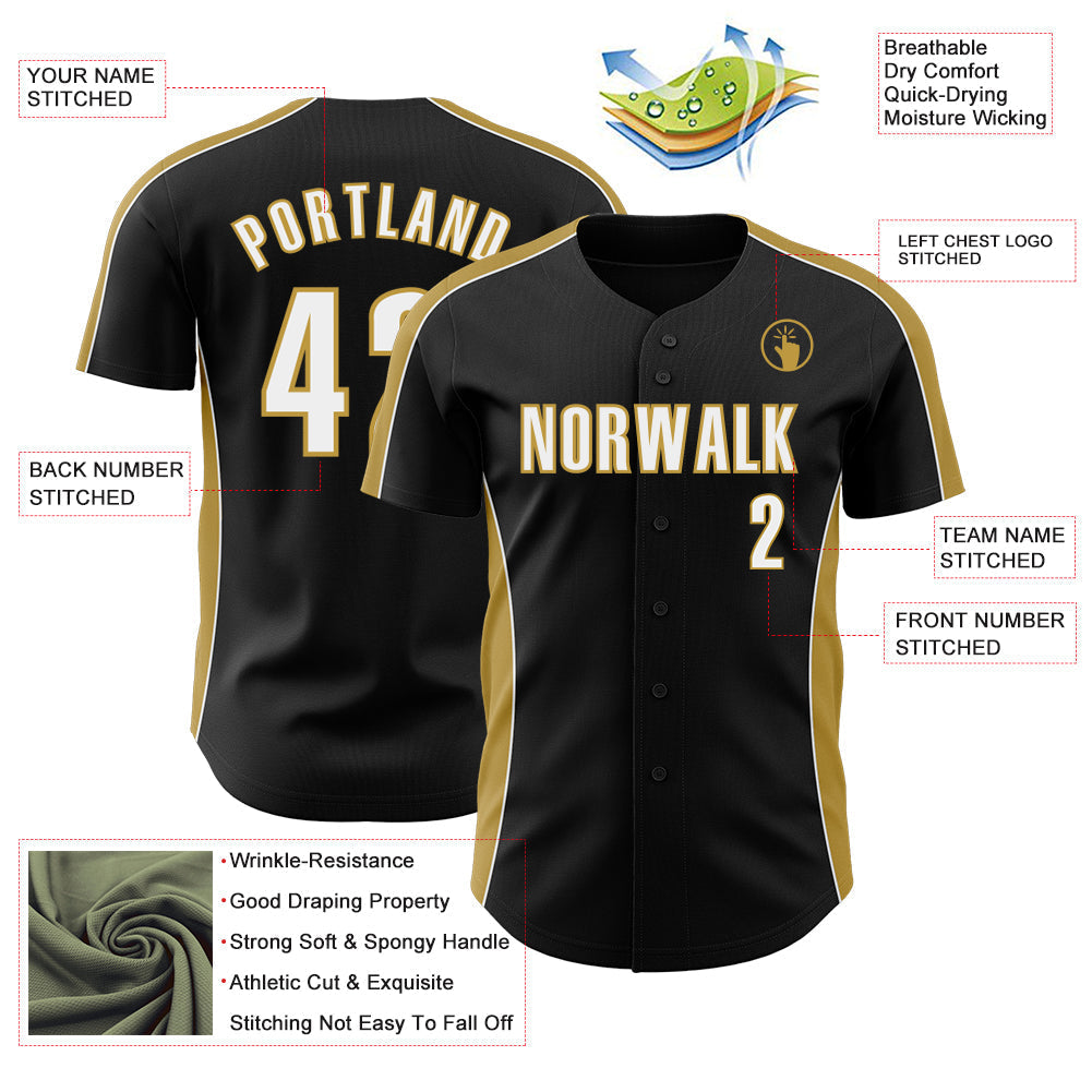 Custom Black White-Old Gold Classic Color Block Side Panel Stripe Authentic Baseball Jersey baseball jersey product view 3