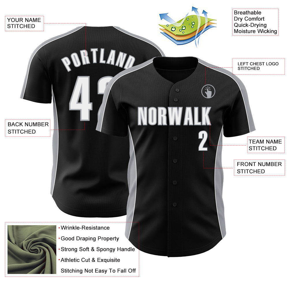 Custom Black White-Gray Classic Color Block Side Panel Stripe Authentic Baseball Jersey baseball jersey product view 3