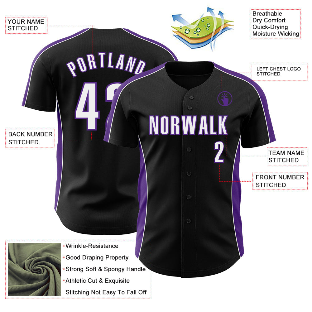 Custom Black White-Purple Classic Color Block Side Panel Stripe Authentic Baseball Jersey baseball jersey product view 3