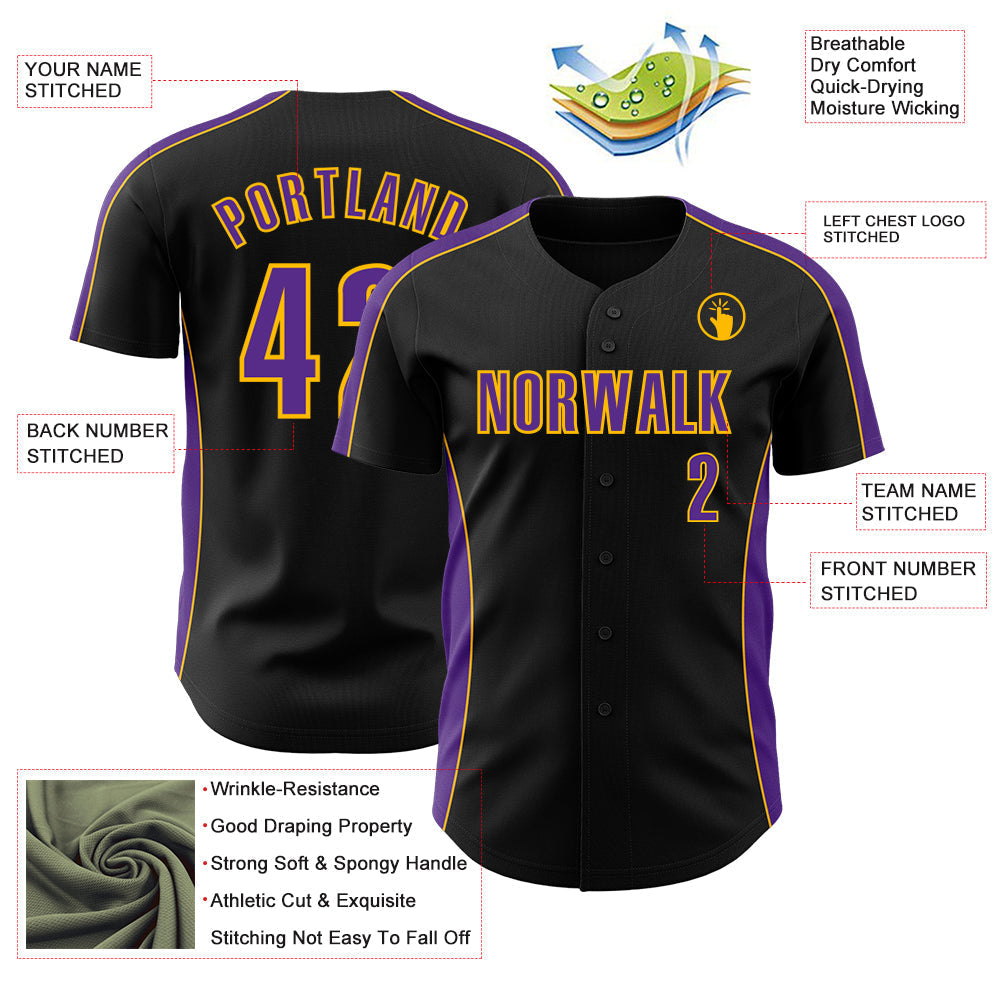 Custom Black Purple-Gold Classic Color Block Side Panel Stripe Authentic Baseball Jersey baseball jersey product view 3