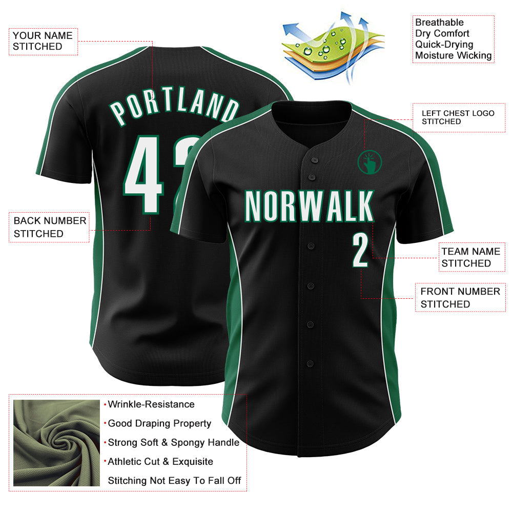 Custom Black White-Kelly Green Classic Color Block Side Panel Stripe Authentic Baseball Jersey baseball jersey product view 3