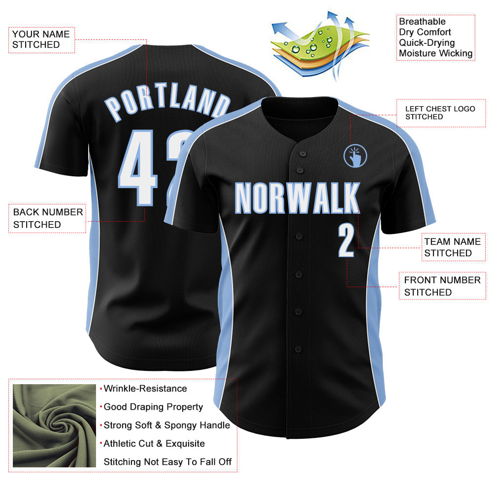 Custom Black White-Light Blue Classic Color Block Side Panel Stripe Authentic Baseball Jersey baseball jersey product view 3