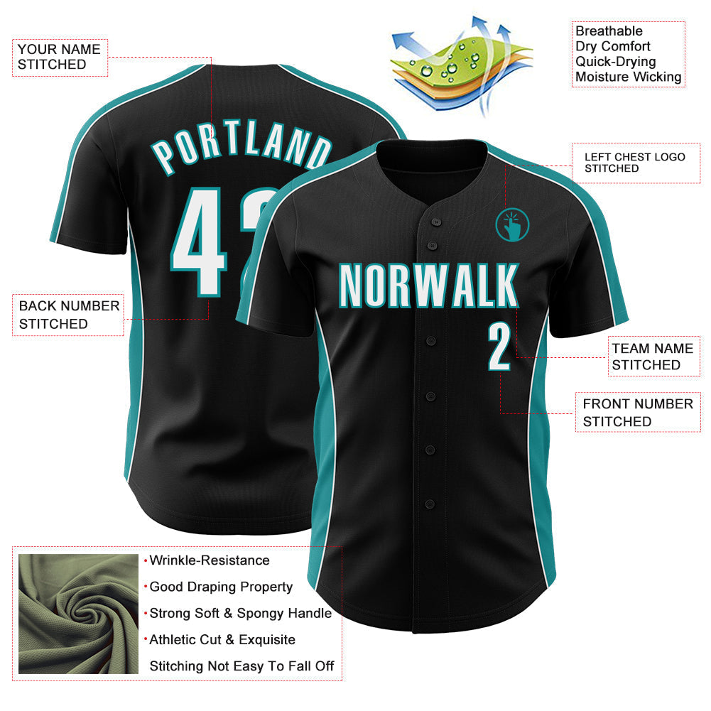 Custom Black White-Teal Classic Color Block Side Panel Stripe Authentic Baseball Jersey baseball jersey product view 3