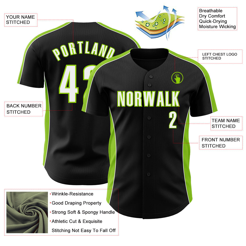 Custom Black White-Neon Green Classic Color Block Side Panel Stripe Authentic Baseball Jersey baseball jersey product view 3