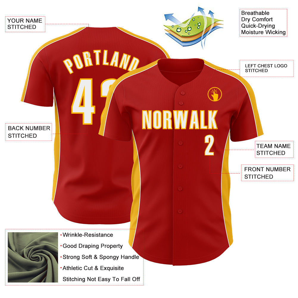 Custom Red White-Gold Classic Color Block Side Panel Stripe Authentic Baseball Jersey baseball jersey product view 3